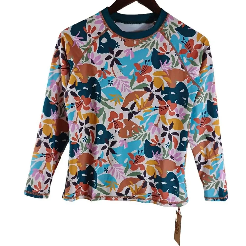 NWT Girls Kid 1234 Swim Shirt 13-14yr Long Sleeve L-XL Rashguard Floral UPF 50
